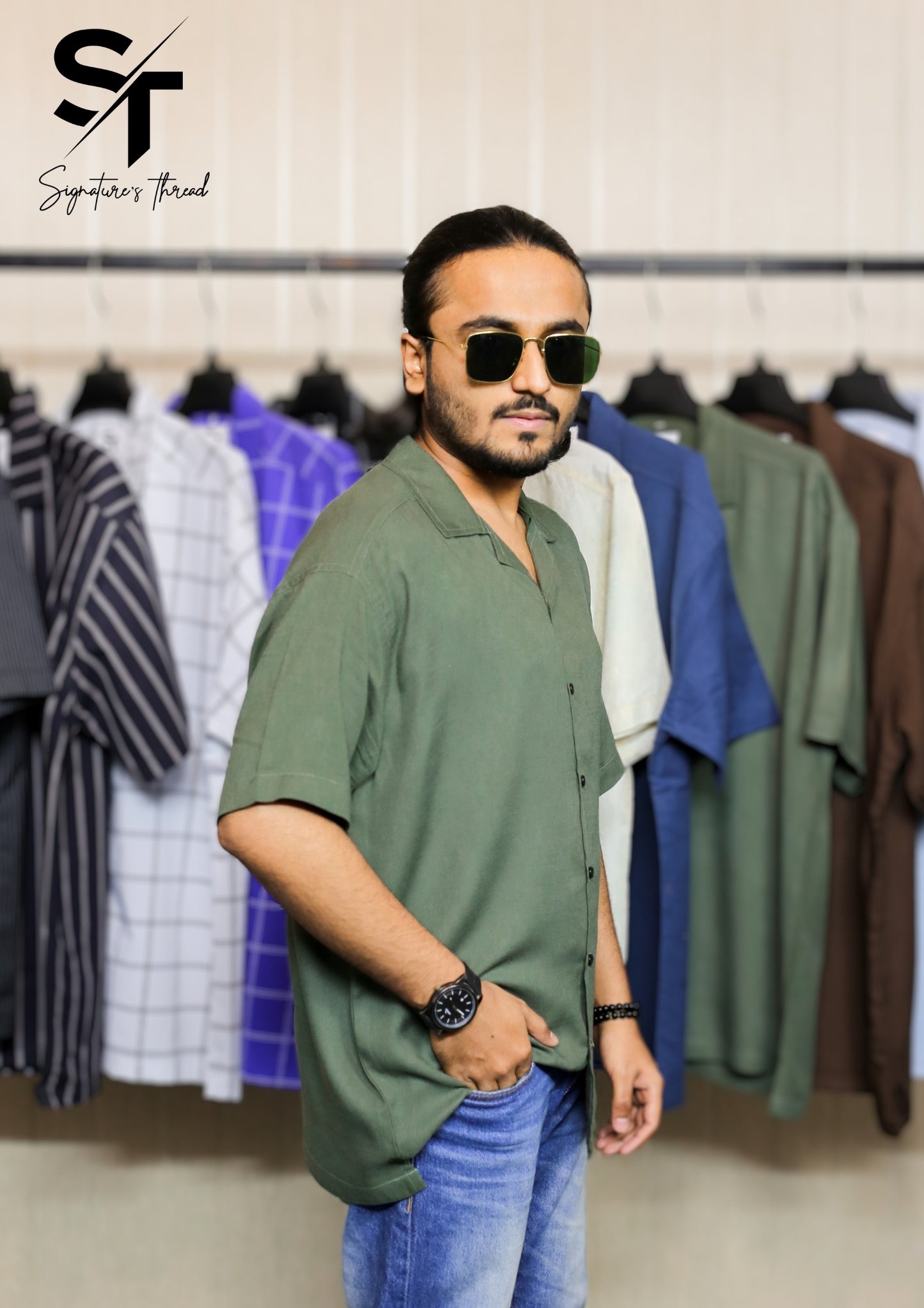 Green Textured Cuban Collar Shirt