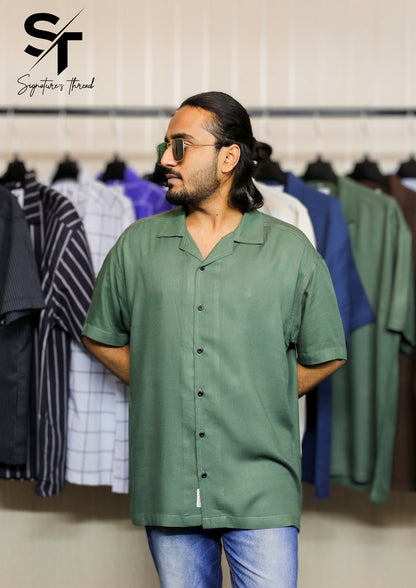 Green Textured Cuban Collar Shirt