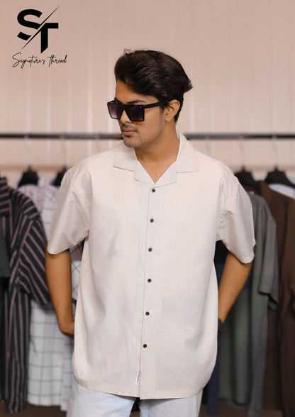 white Textured Cuban Collar Shirt