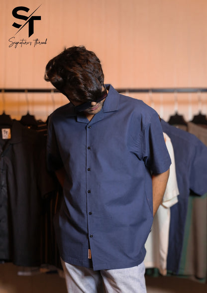 MidNight Blue Textured Cuban Collar Shirt