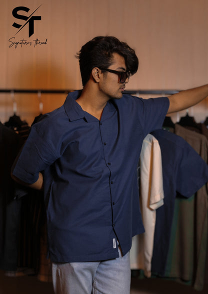 MidNight Blue Textured Cuban Collar Shirt