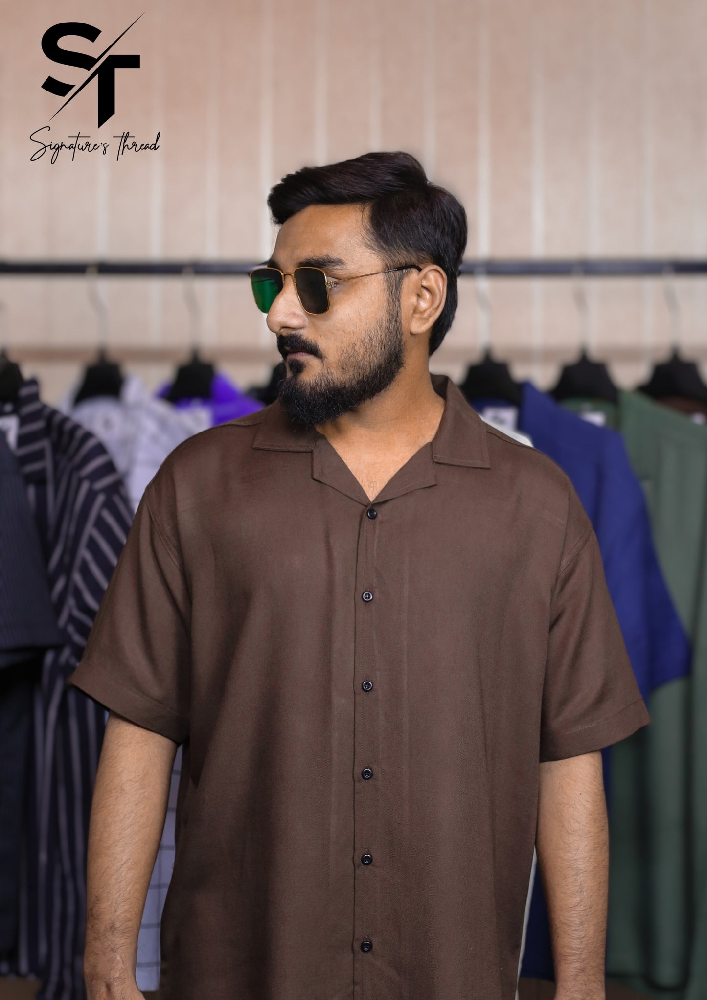 Brown Textured Cuban Collar Shirt