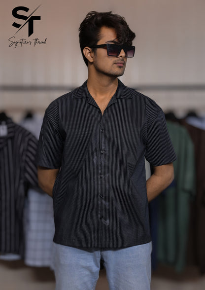 Black Textured Cuban Collar Shirt