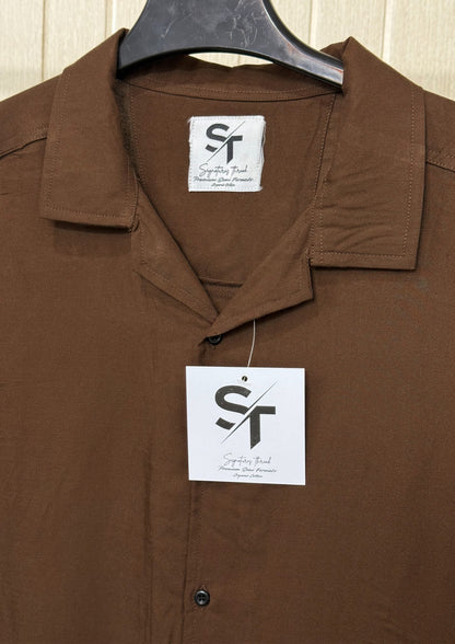 Brown Textured Cuban Collar Shirt