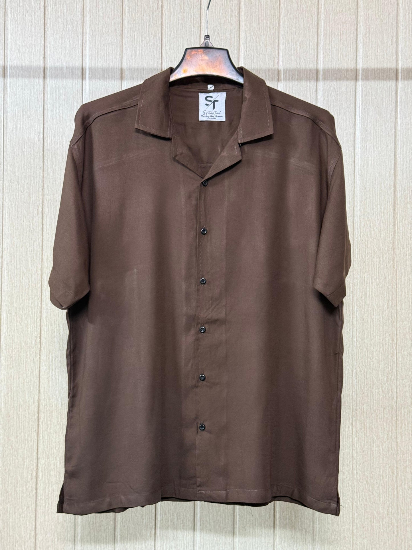 Brown Textured Cuban Collar Shirt